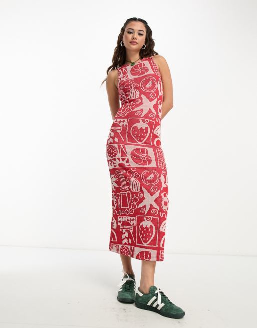 Damson Madder art object print cut-out detail midi dress in red