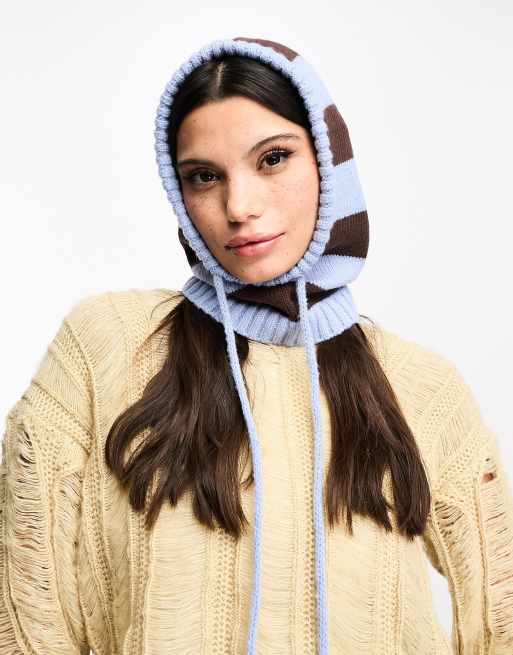 Damson Madder balaclava snood with drawstring tie in blue and brown stripe 