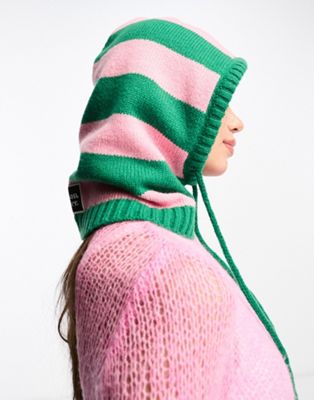 Damson Madder balaclava snood with drawstring tie in pink and green stripe