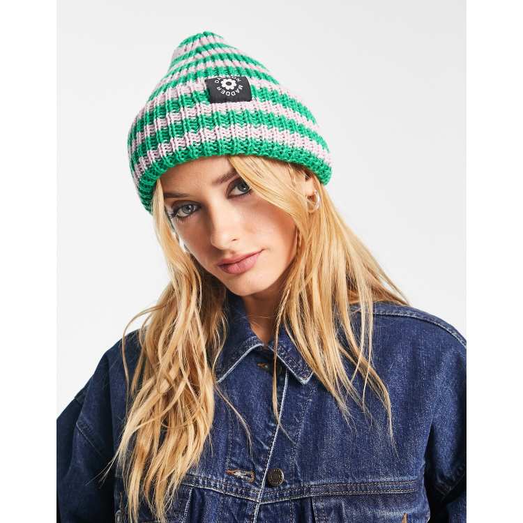 Damson Madder beanie in pink & green stripe | ASOS