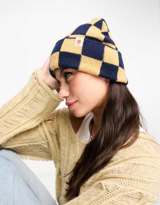 Damson Madder - Beanie met dambordpatroon in geel en marineblauw