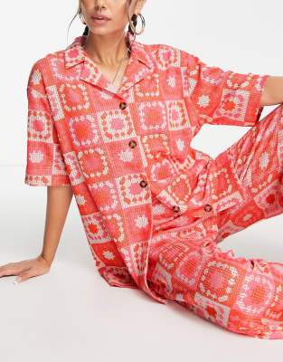 Damson Madder Damson Madder bessie wave crochet short sleeve co-ord shirt in pink and orange-Multi
