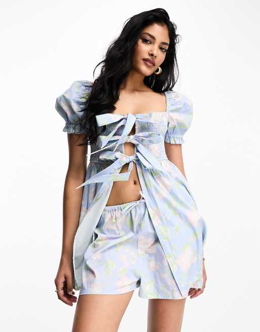 Damson Madder bloom floral shirred bow detail mini blouse in blue (part of a set)