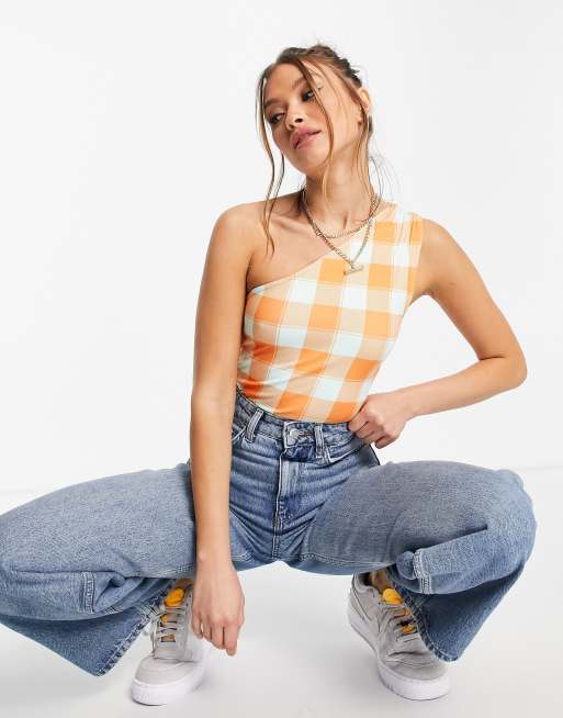 Damson Madder – Body na jedno ramię z materiału w kratę – ORANGE