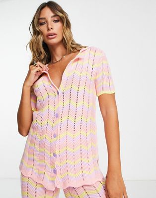 Damson Madder button through crochet shirt co-ord in pink zigzag