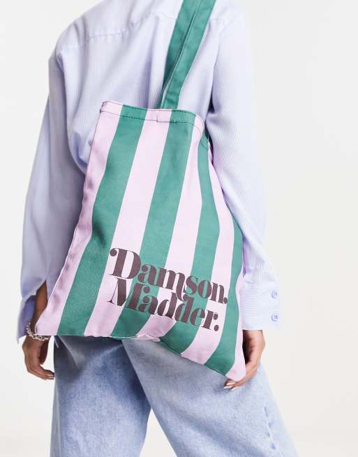 Damson Madder - Cabas en coton à rayures avec logo - Vert et rose