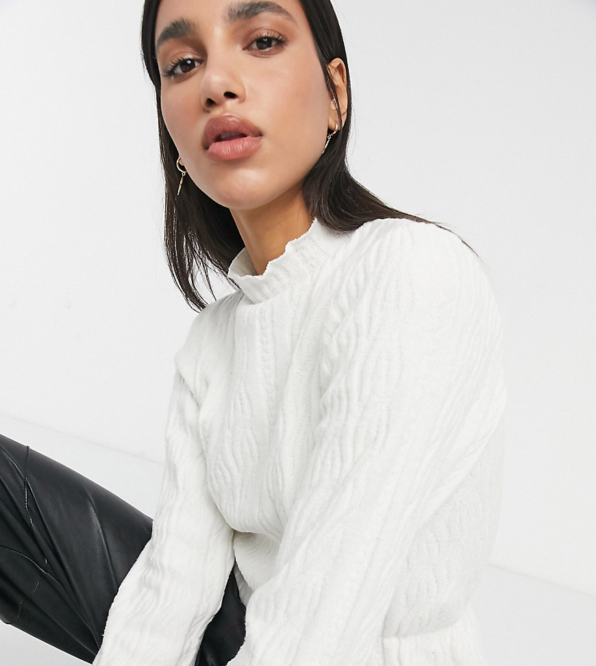 Damson Madder cableknit sweater with high ruffle neck & hem in recycled polyester-White
