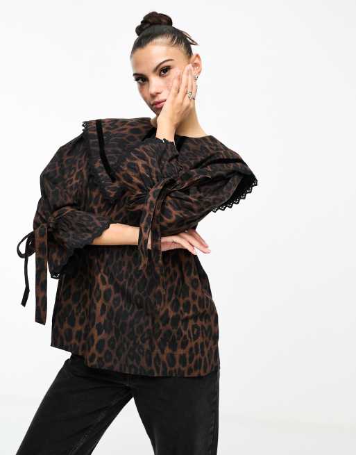 Damson Madder candice leopard print collar detail blouse in brown | ASOS