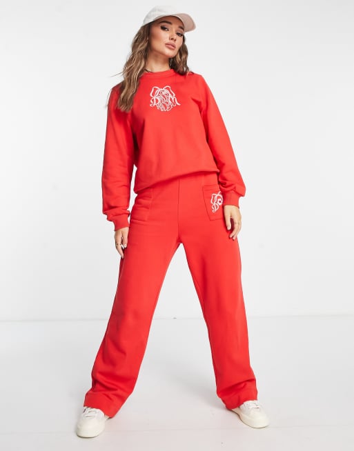 Damson Madder cotton bow embroidered trackies in red (part of a set)