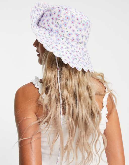 Damson Madder cotton pink scallop edge bucket hat in floral ditsy print, 2 of 4