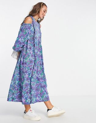 Damson Madder cotton textured floral cold shoulder midi dress in blue