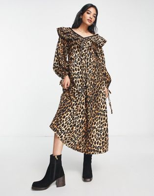 Damson Madder cotton textured midi dress in leopard print