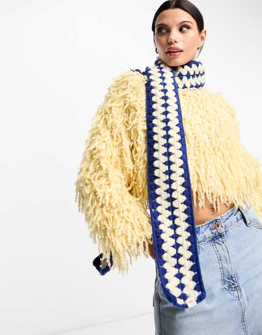 Damson Madder crochet scarf in white and blue ASOS