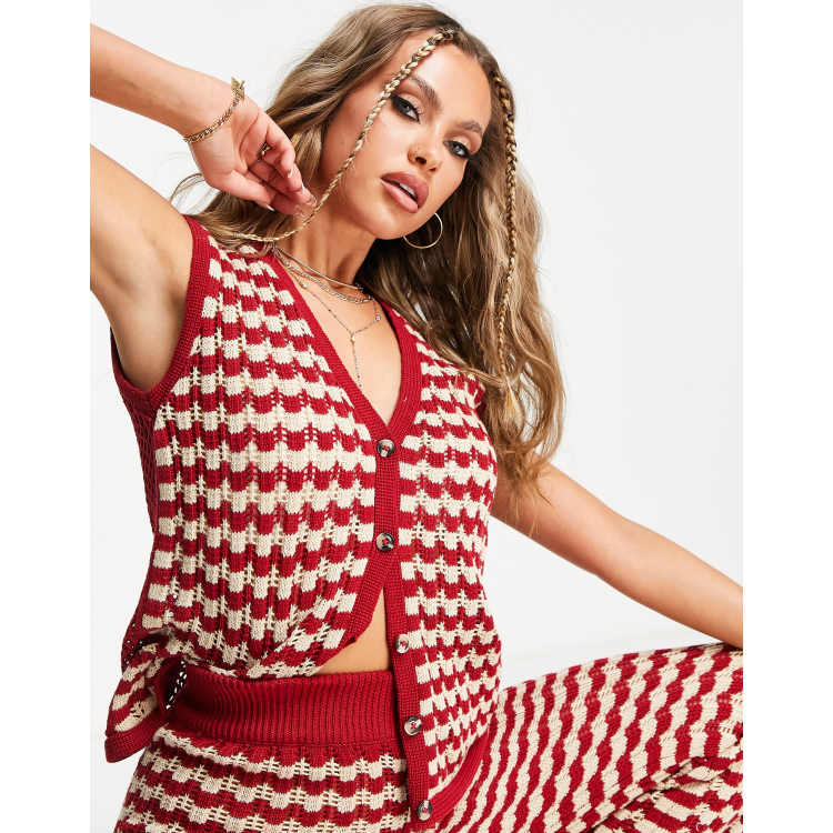Damson Madder crochet sleeveless cardigan in red and white check