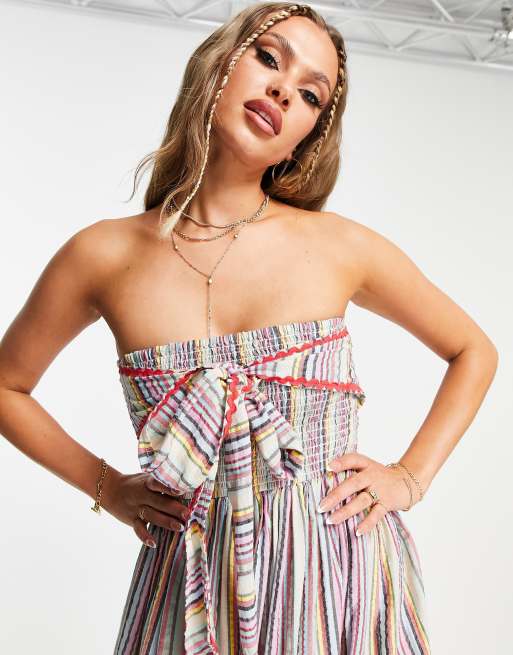 Damson Madder cross front beach summer dress in textured stripe