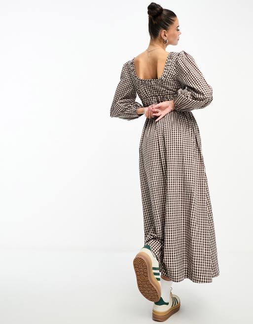 Damson Madder - Dakota - Vestito midi marrone cioccolato a quadretti con fiocco, 3 di 4