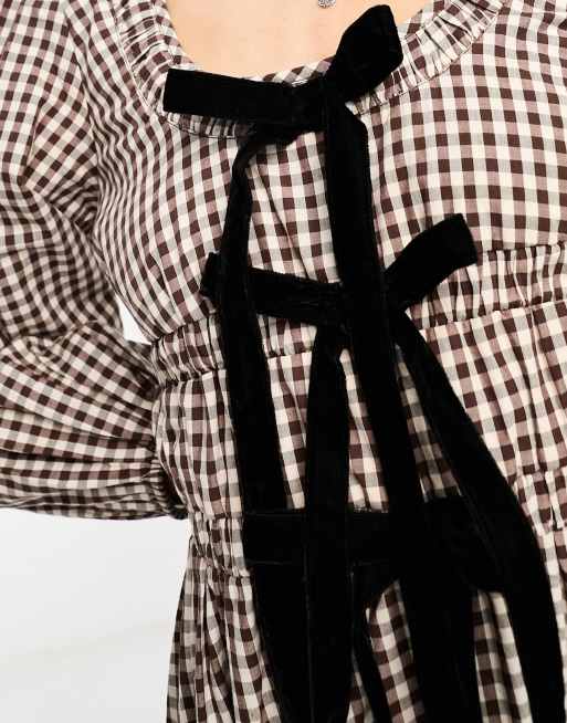 Damson Madder - Dakota - Vestito midi marrone cioccolato a quadretti con fiocco, 4 di 4