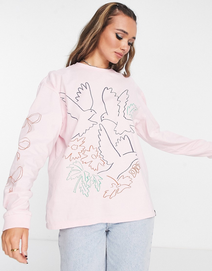 Damson Madder doves doodle print cotton long sleeve T-shirt in pink