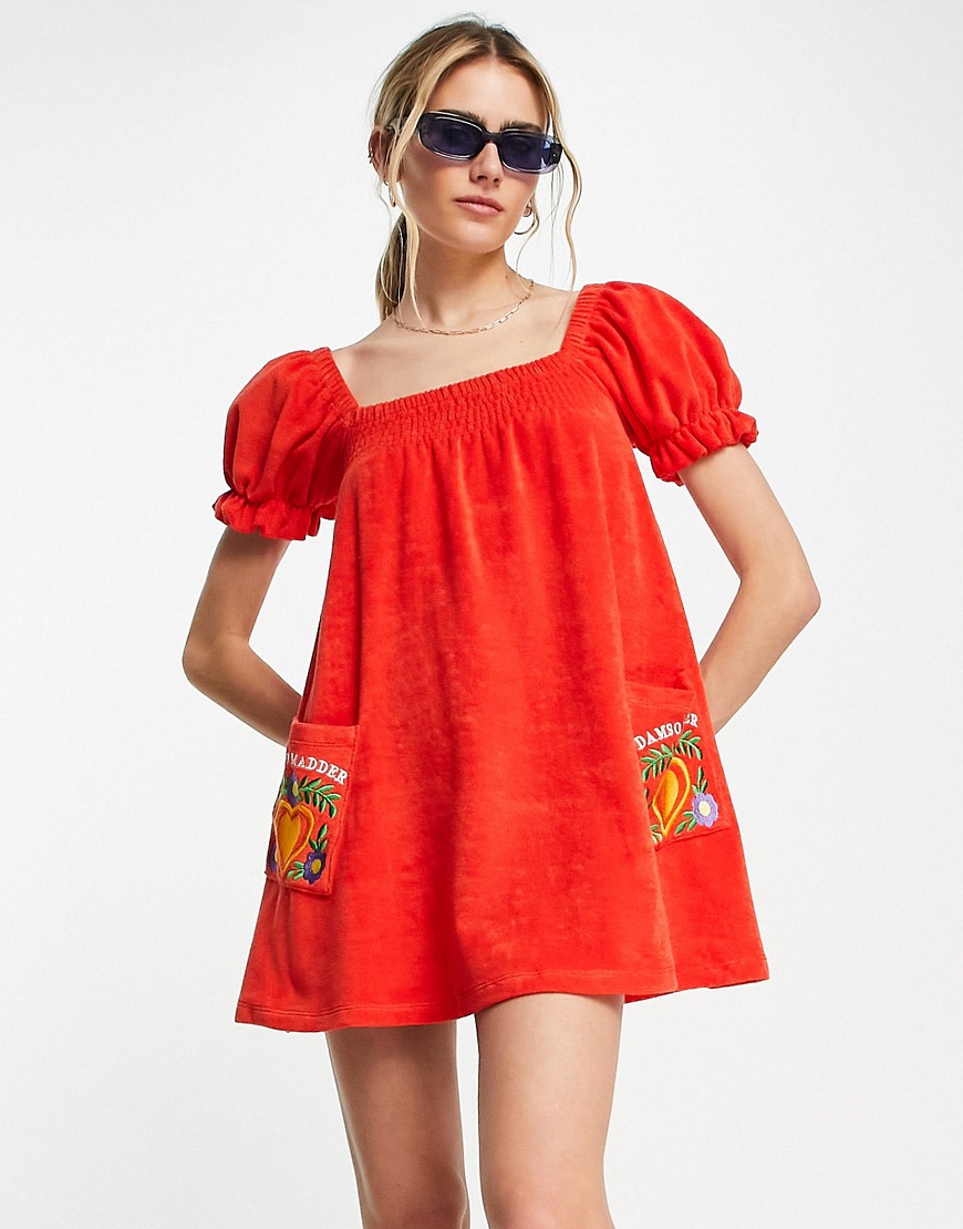 Damson Madder embroidered pocket towelling mini dress in red