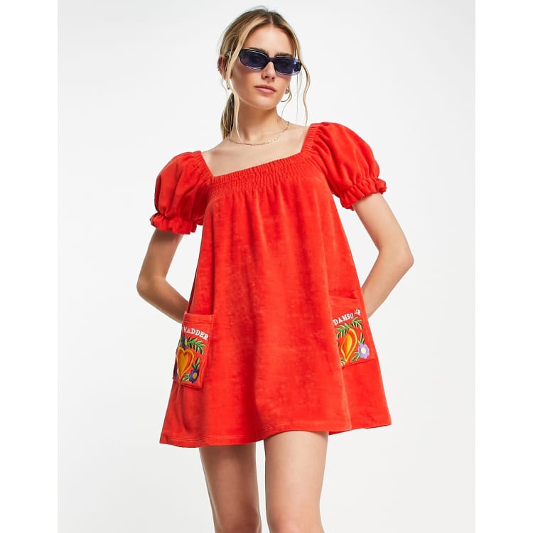 Damson Madder embroidered pocket towelling mini dress in red | ASOS