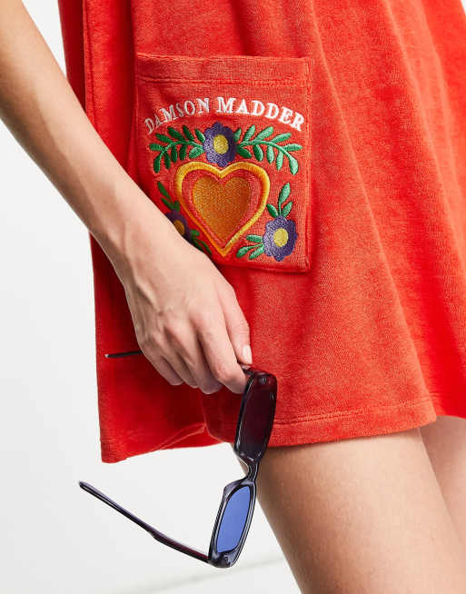Damson Madder embroidered pocket towelling mini dress in red | ASOS
