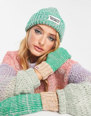 Damson Madder Exclusive Beanie And Mittens Set In Green & Pink Space Dye-multi