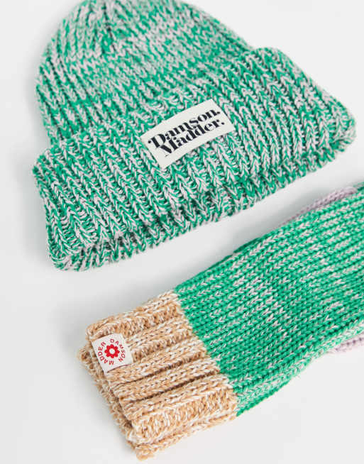 Damson Madder Exclusive beanie and mittens set in green & pink space dye, 4 of 4