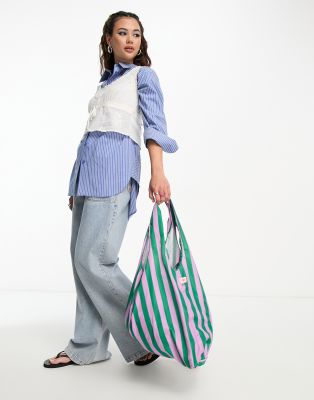 Damson Madder exclusive packable shopper bag in purple and green stripe-Multi