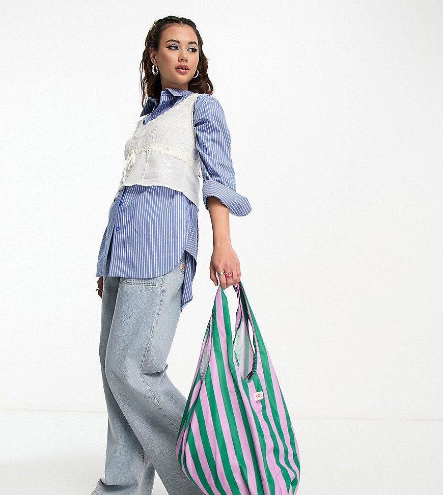 Damson Madder exclusive packable shopper bag in purple and green stripe-Multi