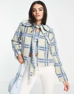 Damson Madder fiber bow-detail borg jacket in blue and cream check | ASOS