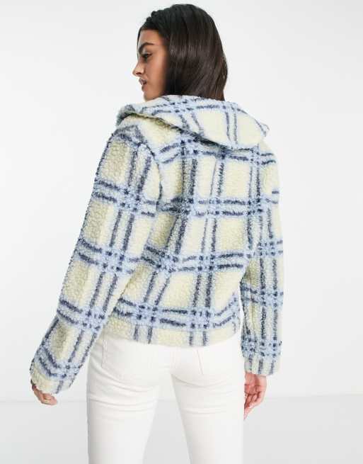 Damson Madder fiber bow-detail borg jacket in blue and cream check