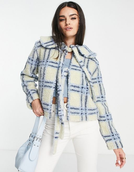 Damson Madder fibre bow-detail borg jacket in blue and cream check ...