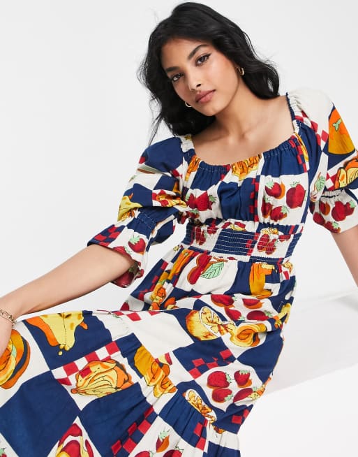 Damson Madder fruit print midaxi dress in navy