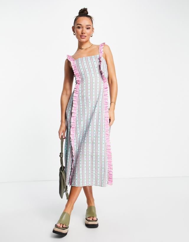 Damson Madder - fruit stripe chintzy midi dress in multi