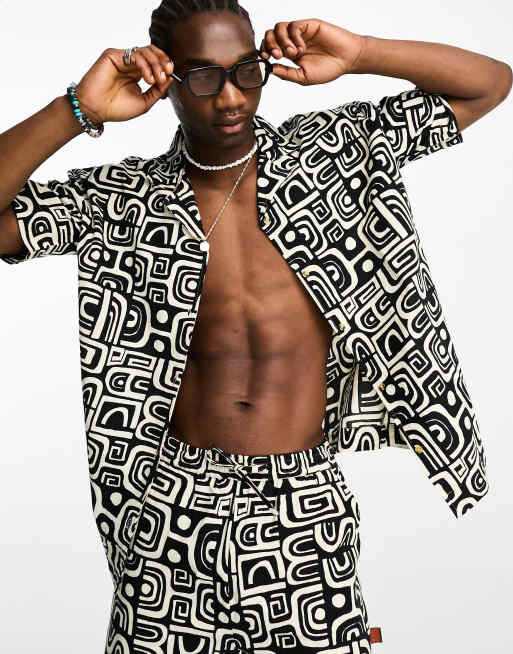 Damson Madder geo print linen short sleeve shirt in black (part of a set)
