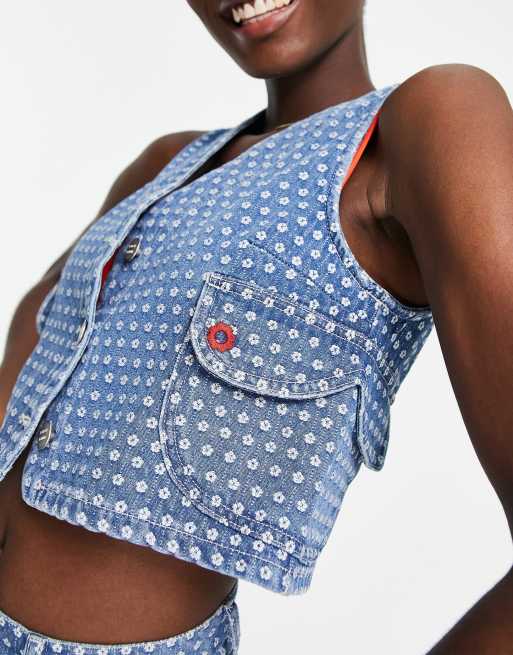 Damson Madder - Gilet blu indaco in jacquard a fiori in coordinato, 3 di 4