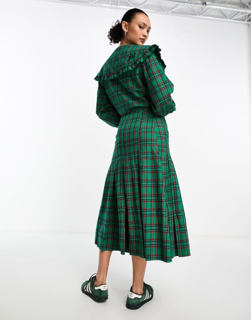 Damson Madder kya wrap midi kilt skirt co-ord in green check