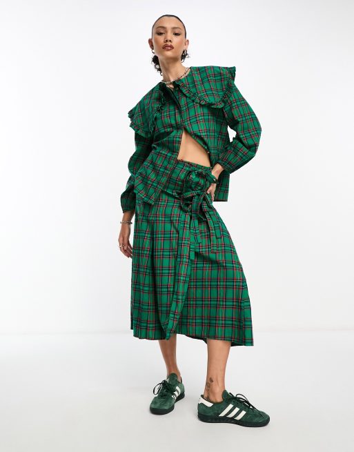 Damson Madder Kya wrap midi kilt skirt in green check (part of a set)