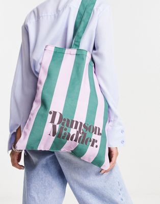 Damson Madder logo tote bag in green & pink stripe cotton
