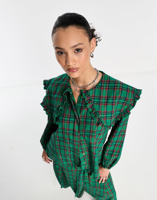 Damson Madder lola ruffle collar blouse co-ord in green tartan, 1 of 4