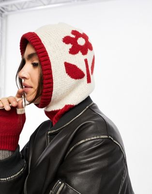 Damson Madder loose hooded snood with print in red and ecru