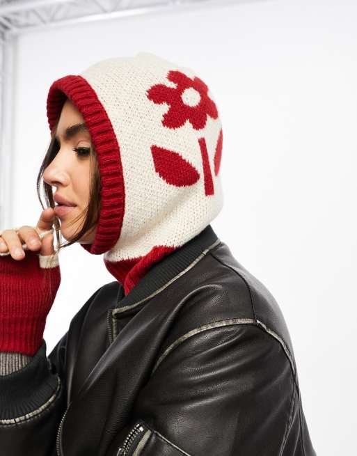 Damson Madder loose hooded snood with print in red and ecru 