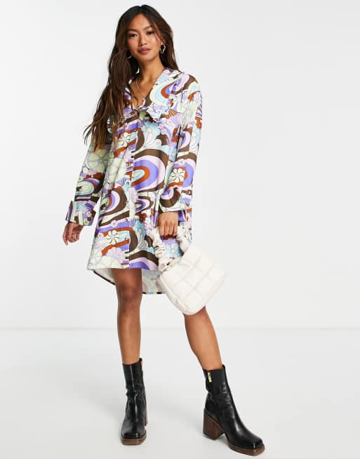 Damson Madder - Mini-jurk van katoen met psychedelische print en statement kraag in multi