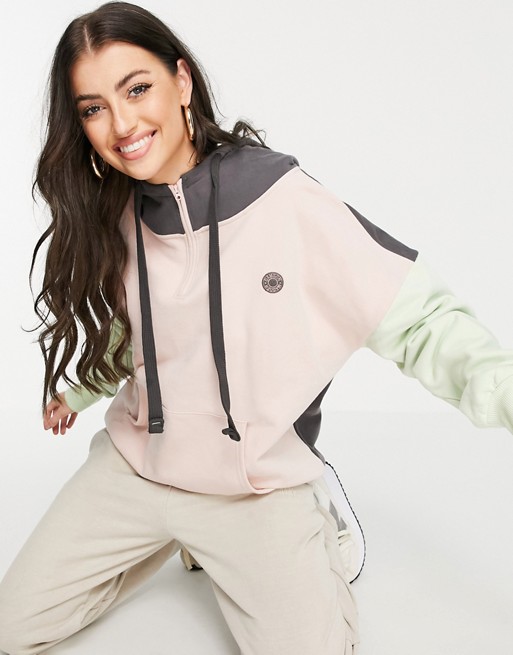 Damson Madder cotton colour block half zip hoodie