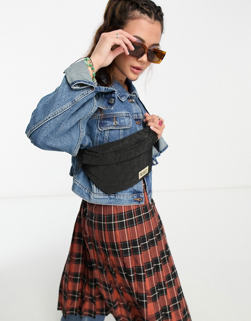 Damson Madder Padded Fanny Pack In Black With Floral Stitching