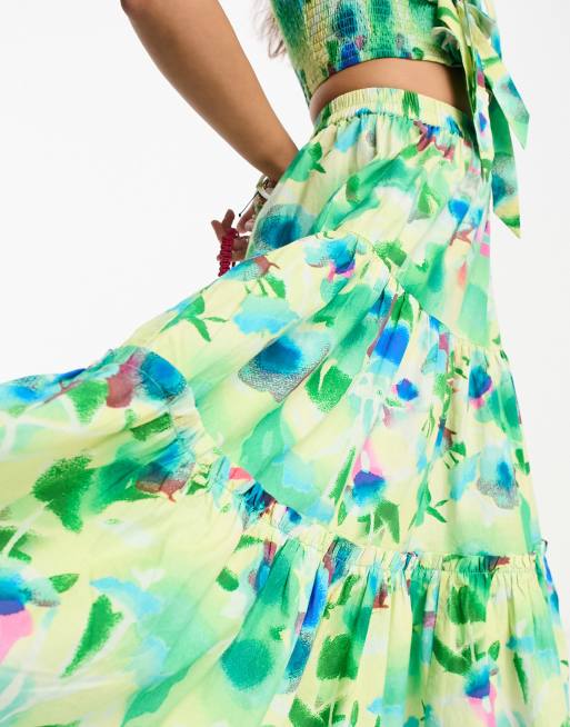 Damson Madder painterly floral tiered midi skirt co-ord in multi, 2 of 4