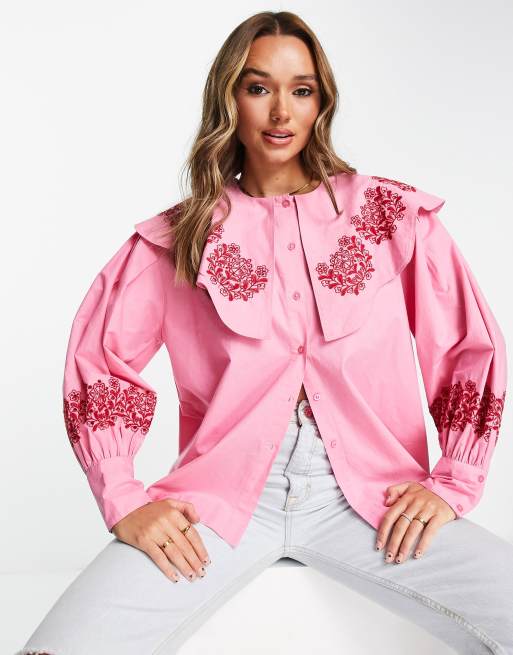 Damson Madder - Pink bluse i poplin med broderie anglaise på kraven , 3 af 4