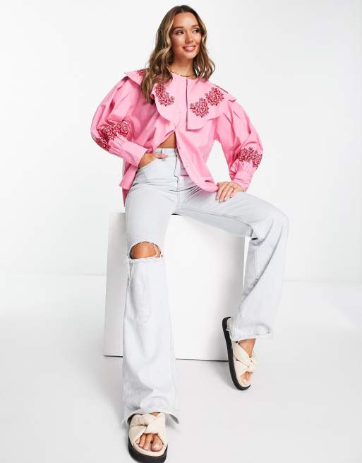 Damson Madder - Pink bluse i poplin med broderie anglaise på kraven , 4 af 4