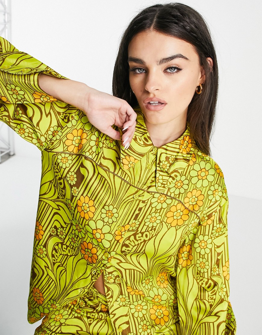 Damson Madder poly satin shirt co-ord in retro yellow floral