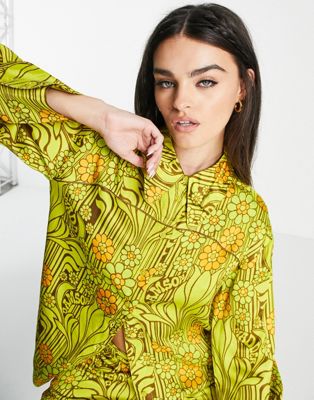 Women’s 70s Shirts, Blouses, Hippie Tops, T-Shirts Damson Madder poly satin shirt in retro yellow floral - part of a set $85.00 AT vintagedancer.com